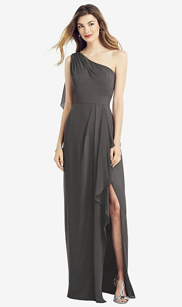 Front View - Caviar Gray One-Shoulder Chiffon Dress with Draped Front Slit