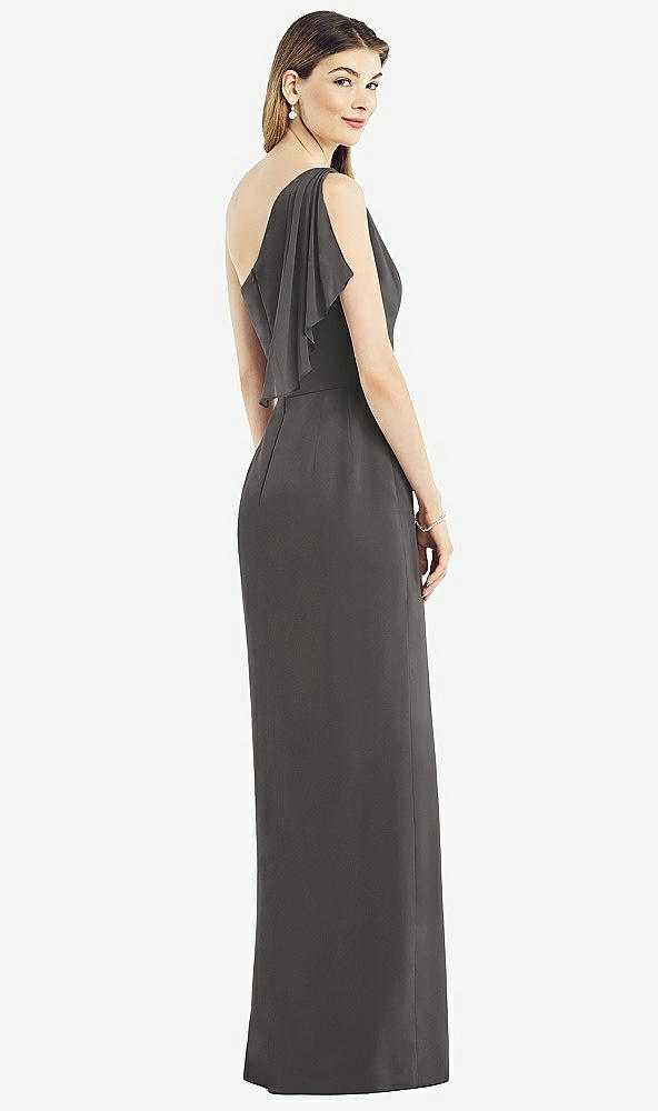 Back View - Caviar Gray One-Shoulder Chiffon Dress with Draped Front Slit