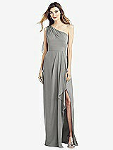 Front View Thumbnail - Chelsea Gray One-Shoulder Chiffon Dress with Draped Front Slit