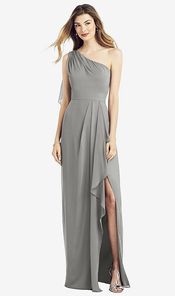 Front View - Chelsea Gray One-Shoulder Chiffon Dress with Draped Front Slit