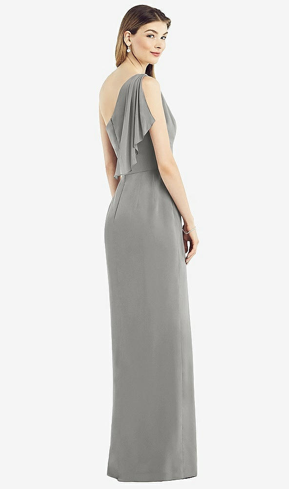 Back View - Chelsea Gray One-Shoulder Chiffon Dress with Draped Front Slit