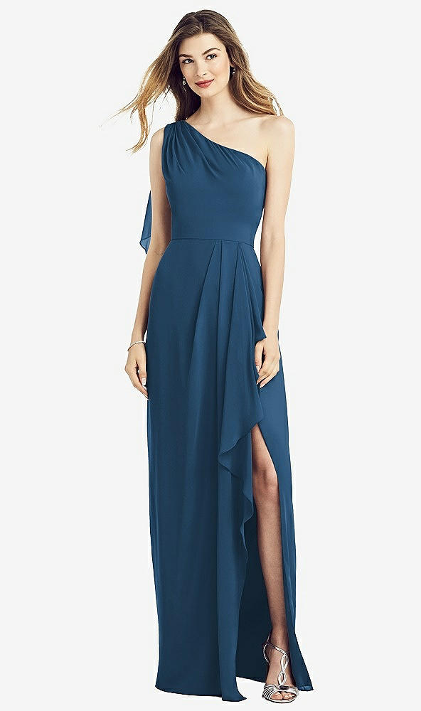 Front View - Dusk Blue One-Shoulder Chiffon Dress with Draped Front Slit