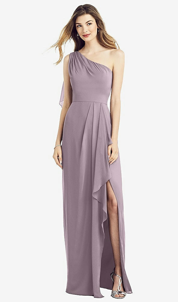 Front View - Lilac Dusk One-Shoulder Chiffon Dress with Draped Front Slit
