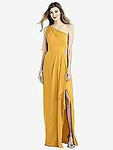 Front View Thumbnail - NYC Yellow One-Shoulder Chiffon Dress with Draped Front Slit