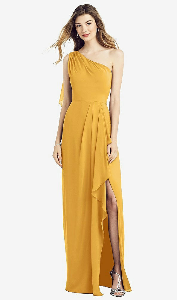 Front View - NYC Yellow One-Shoulder Chiffon Dress with Draped Front Slit