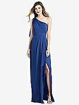 Front View Thumbnail - Classic Blue One-Shoulder Chiffon Dress with Draped Front Slit