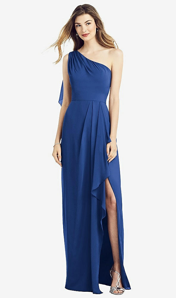 Front View - Classic Blue One-Shoulder Chiffon Dress with Draped Front Slit
