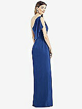 Rear View Thumbnail - Classic Blue One-Shoulder Chiffon Dress with Draped Front Slit