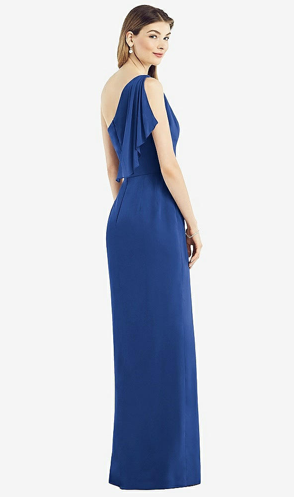 Back View - Classic Blue One-Shoulder Chiffon Dress with Draped Front Slit