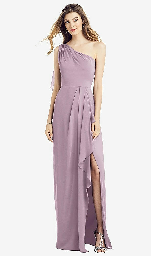 Front View - Suede Rose One-Shoulder Chiffon Dress with Draped Front Slit