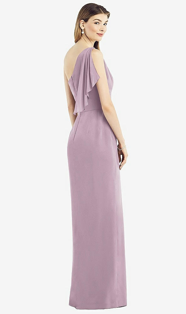 Back View - Suede Rose One-Shoulder Chiffon Dress with Draped Front Slit