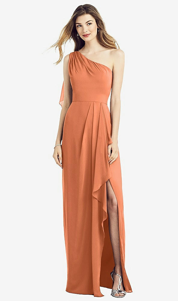Front View - Sweet Melon One-Shoulder Chiffon Dress with Draped Front Slit