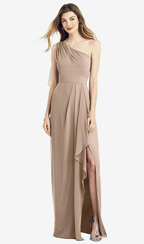 Front View - Topaz One-Shoulder Chiffon Dress with Draped Front Slit