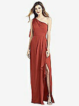 Front View Thumbnail - Amber Sunset One-Shoulder Chiffon Dress with Draped Front Slit