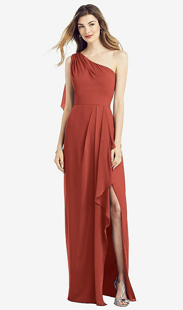 Front View - Amber Sunset One-Shoulder Chiffon Dress with Draped Front Slit
