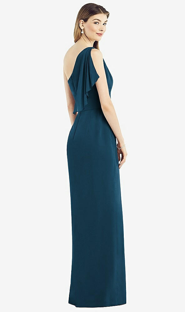 Back View - Atlantic Blue One-Shoulder Chiffon Dress with Draped Front Slit
