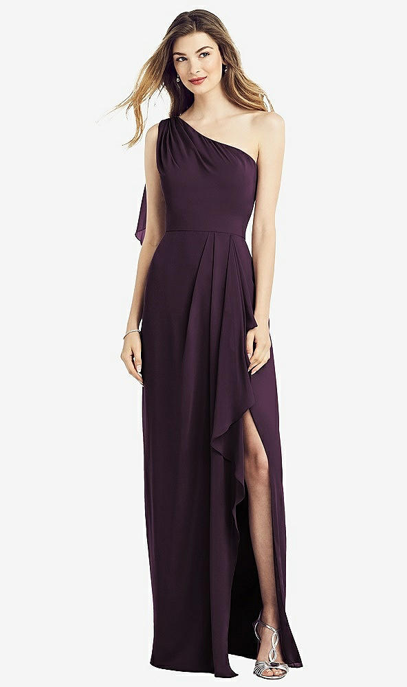 Front View - Aubergine One-Shoulder Chiffon Dress with Draped Front Slit