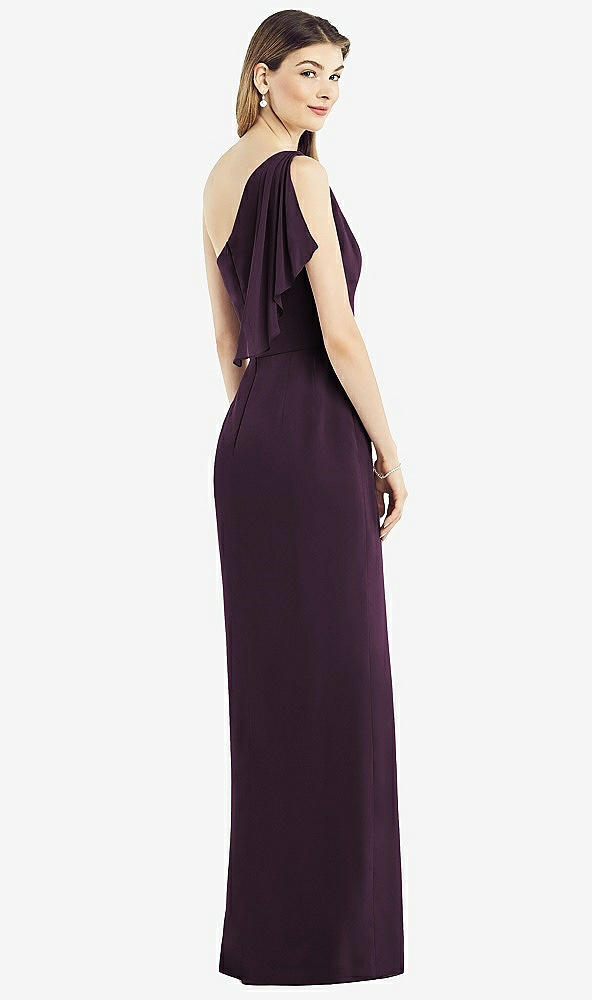 Back View - Aubergine One-Shoulder Chiffon Dress with Draped Front Slit