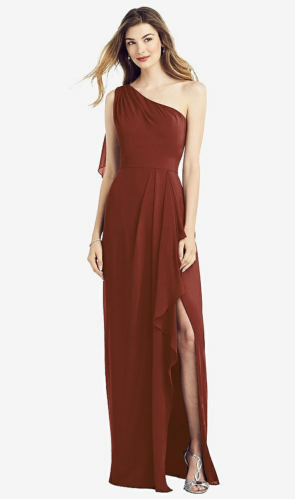 Front View - Auburn Moon One-Shoulder Chiffon Dress with Draped Front Slit