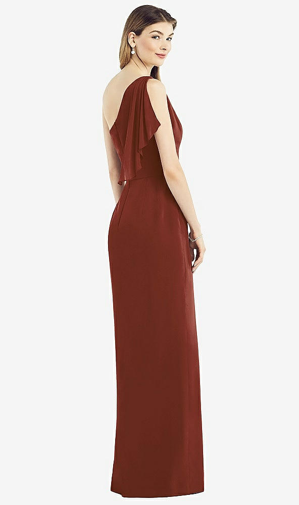 Back View - Auburn Moon One-Shoulder Chiffon Dress with Draped Front Slit
