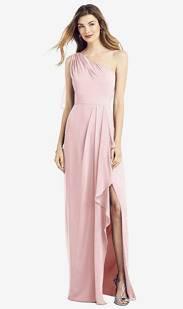 Front View - Ballet Pink One-Shoulder Chiffon Dress with Draped Front Slit