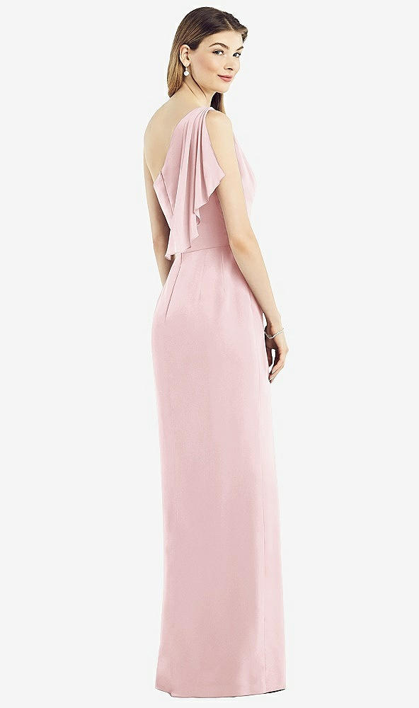 Back View - Ballet Pink One-Shoulder Chiffon Dress with Draped Front Slit