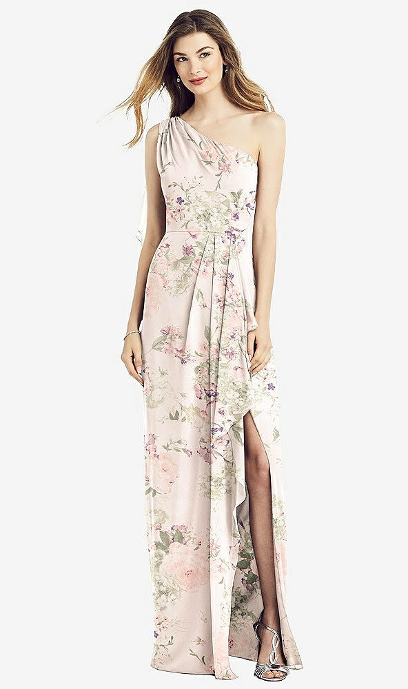 Front View - Blush Garden One-Shoulder Chiffon Dress with Draped Front Slit