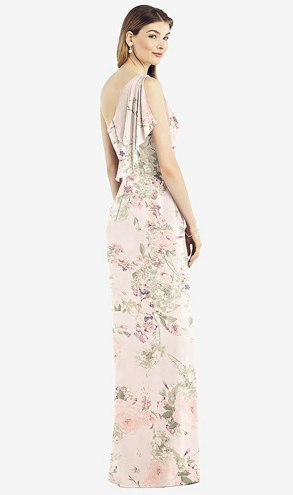 Back View - Blush Garden One-Shoulder Chiffon Dress with Draped Front Slit