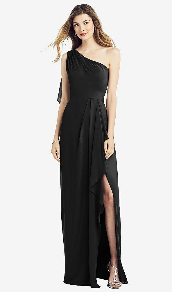 Front View - Black One-Shoulder Chiffon Dress with Draped Front Slit