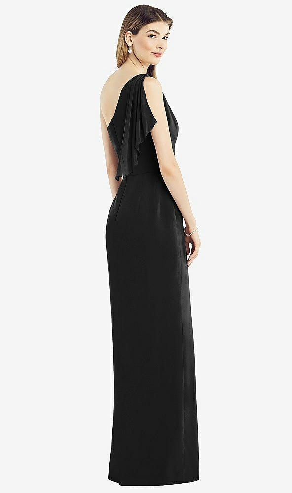 Back View - Black One-Shoulder Chiffon Dress with Draped Front Slit