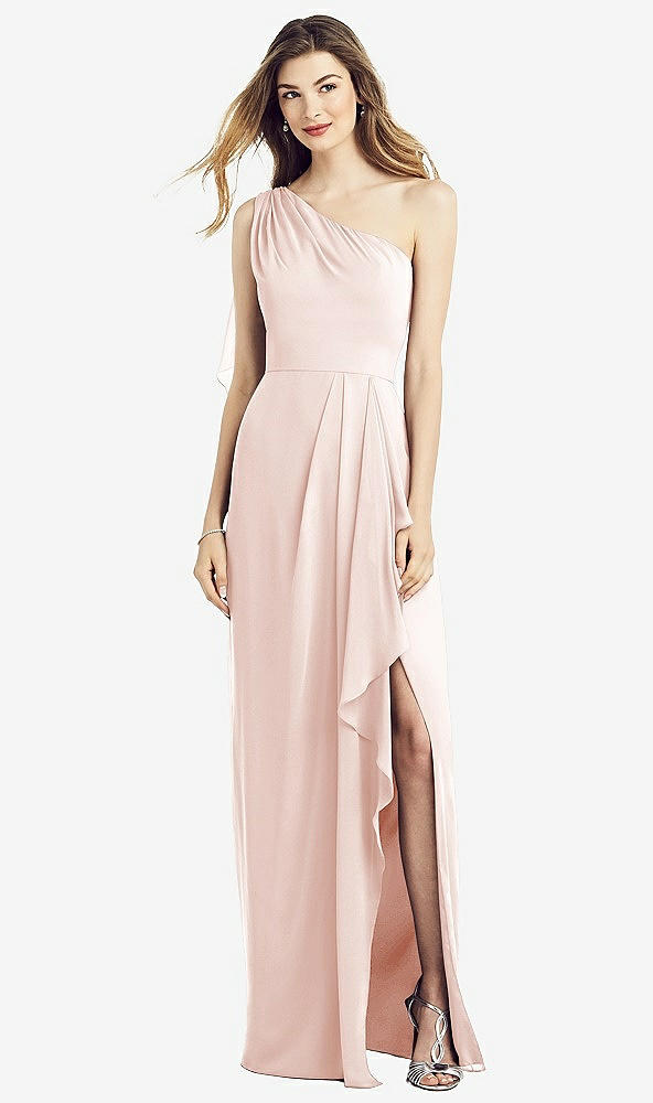 Front View - Blush One-Shoulder Chiffon Dress with Draped Front Slit