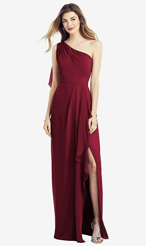 Front View - Burgundy One-Shoulder Chiffon Dress with Draped Front Slit