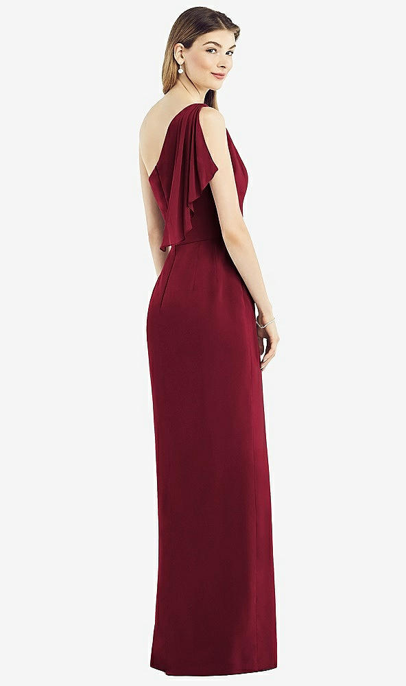 Back View - Burgundy One-Shoulder Chiffon Dress with Draped Front Slit