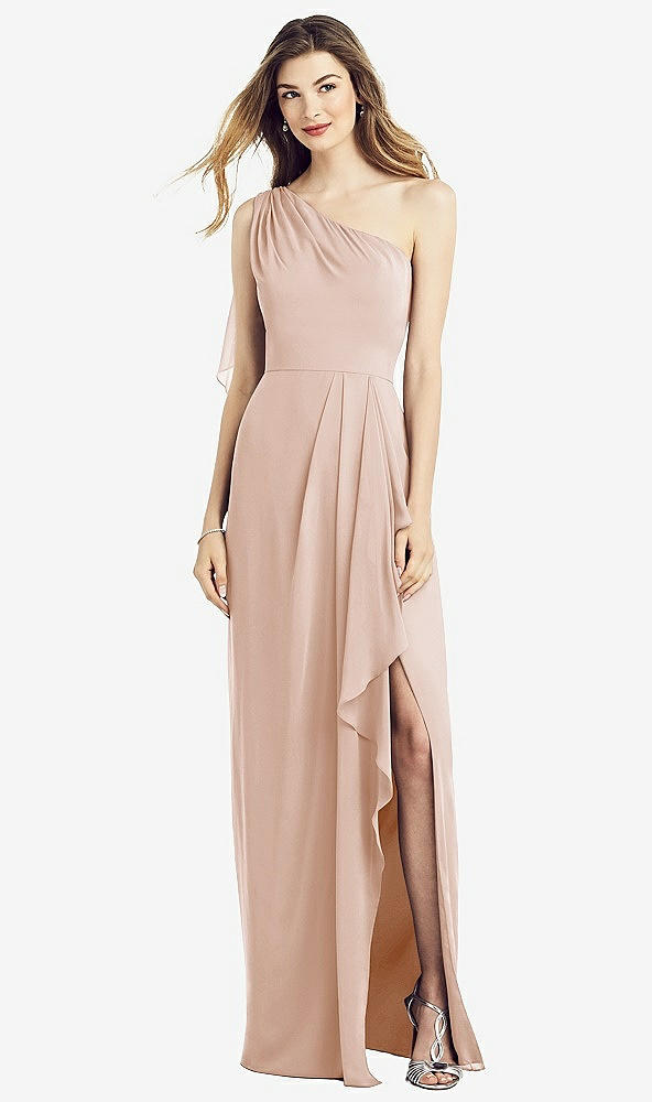 Front View - Cameo One-Shoulder Chiffon Dress with Draped Front Slit