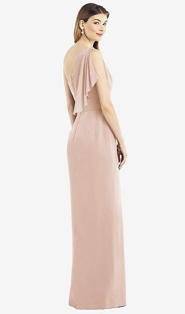 Back View - Cameo One-Shoulder Chiffon Dress with Draped Front Slit