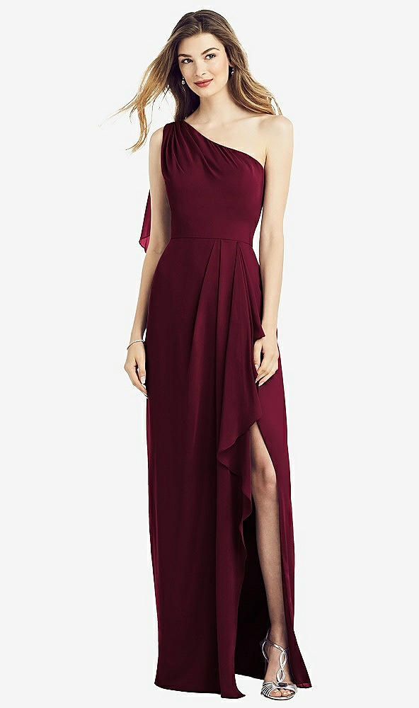 Front View - Cabernet One-Shoulder Chiffon Dress with Draped Front Slit