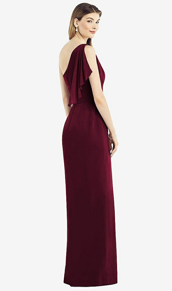 Back View - Cabernet One-Shoulder Chiffon Dress with Draped Front Slit