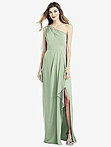Front View Thumbnail - Celadon One-Shoulder Chiffon Dress with Draped Front Slit