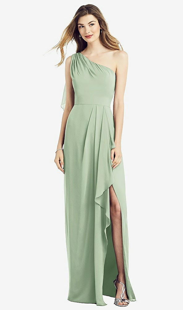Front View - Celadon One-Shoulder Chiffon Dress with Draped Front Slit
