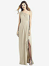 Front View Thumbnail - Champagne One-Shoulder Chiffon Dress with Draped Front Slit