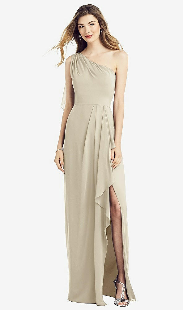 Front View - Champagne One-Shoulder Chiffon Dress with Draped Front Slit