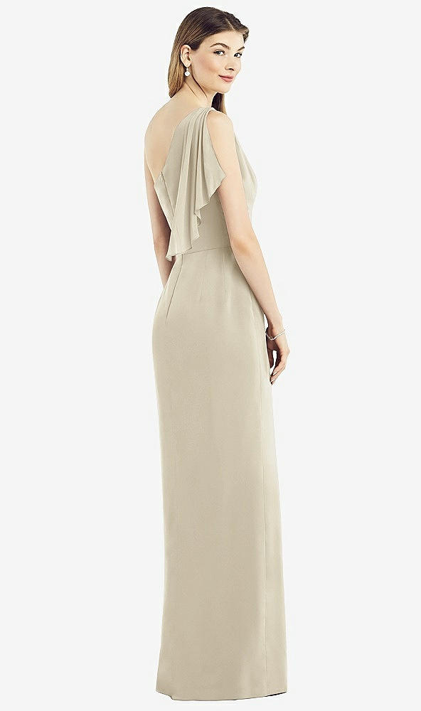 Back View - Champagne One-Shoulder Chiffon Dress with Draped Front Slit