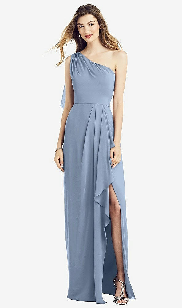 Front View - Cloudy One-Shoulder Chiffon Dress with Draped Front Slit