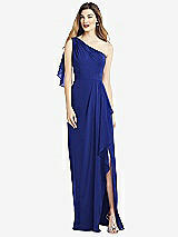 Alt View 1 Thumbnail - Cobalt Blue One-Shoulder Chiffon Dress with Draped Front Slit