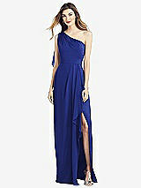 Front View Thumbnail - Cobalt Blue One-Shoulder Chiffon Dress with Draped Front Slit