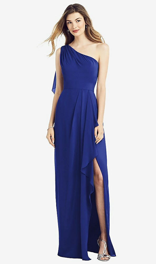Front View - Cobalt Blue One-Shoulder Chiffon Dress with Draped Front Slit