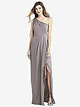 Front View Thumbnail - Cashmere Gray One-Shoulder Chiffon Dress with Draped Front Slit