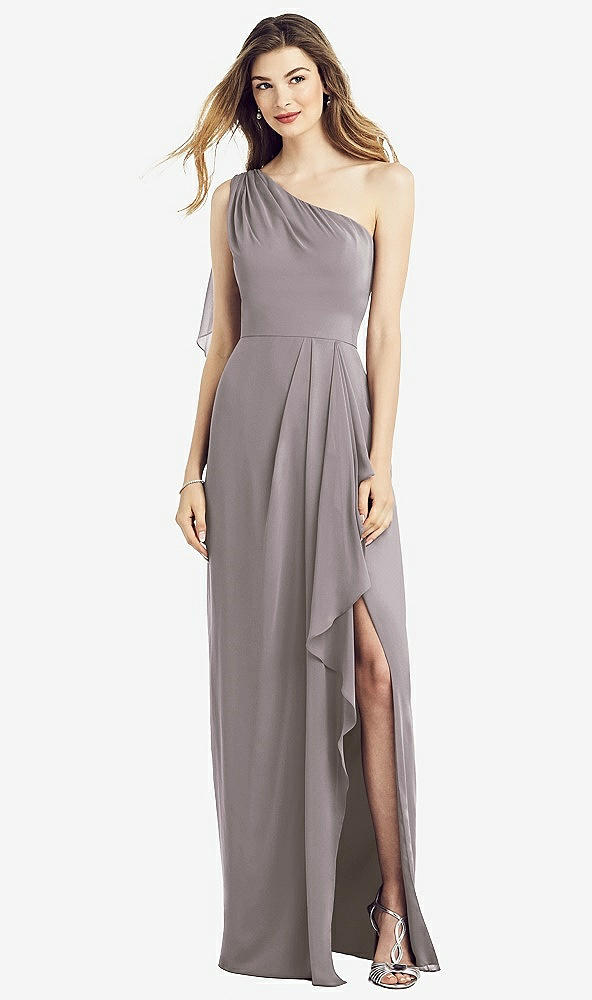 Front View - Cashmere Gray One-Shoulder Chiffon Dress with Draped Front Slit