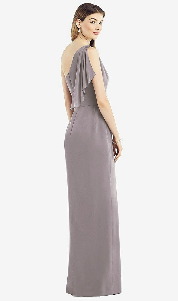 Back View - Cashmere Gray One-Shoulder Chiffon Dress with Draped Front Slit