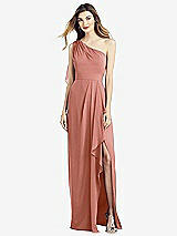 Front View Thumbnail - Desert Rose One-Shoulder Chiffon Dress with Draped Front Slit